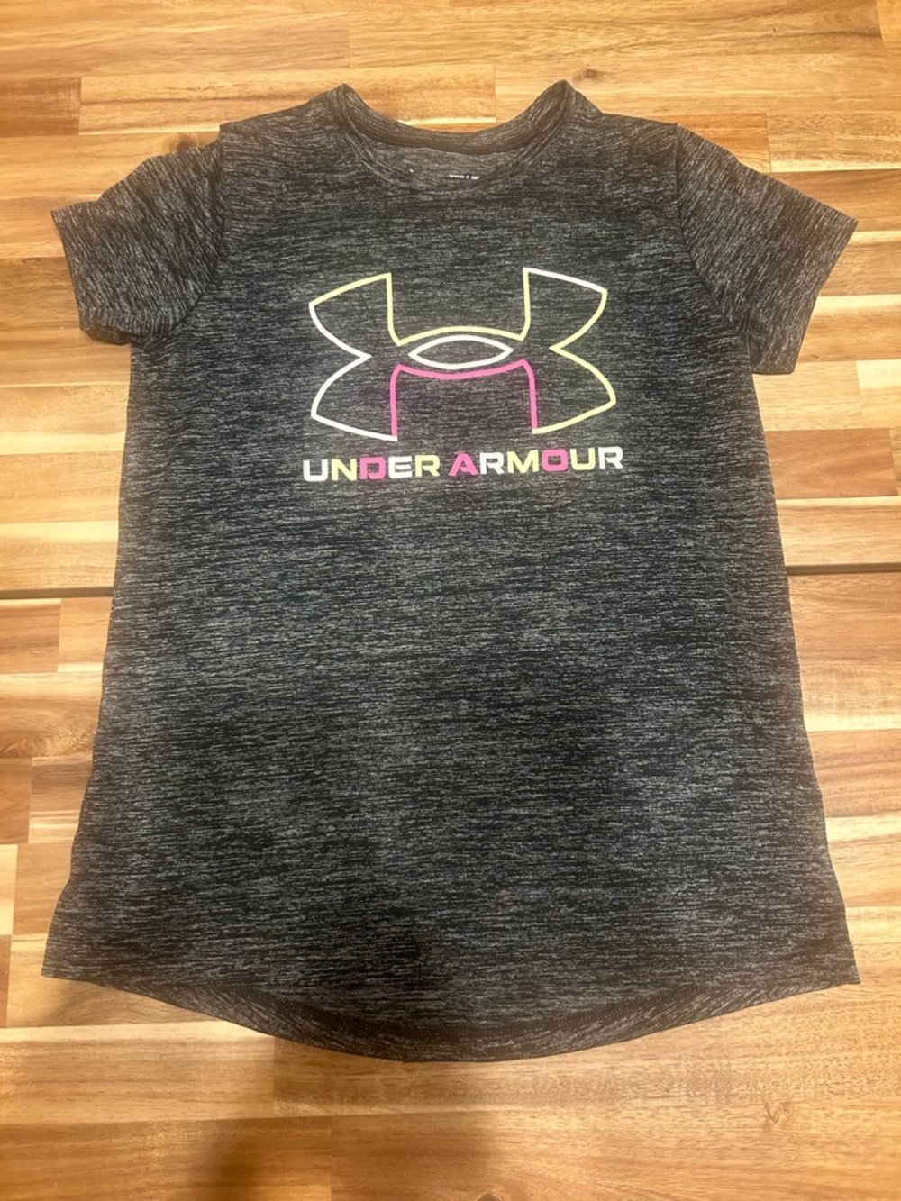 Under Armour Girls Charcoal Heather Tee with Neon Pink & Yellow Logo